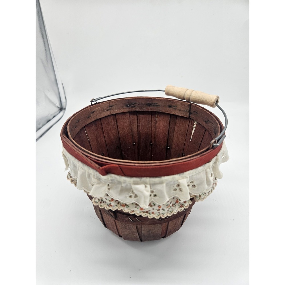 Vintage Mini Woven Wood Apple Basket w/Handle Cottagecore Lace Ruffle Trim